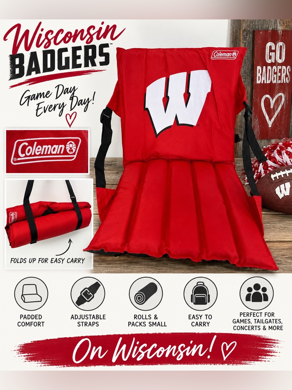 Wisconsin Badgers Coleman Portable Folding Stadium Seat Chair Red NCAA